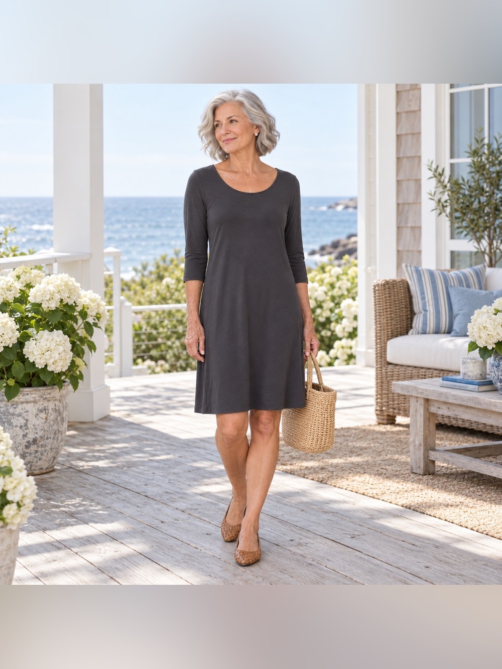 Eileen Fisher Petite Charcoal Stretch Jersey 3/4 Sleeve Dress PS